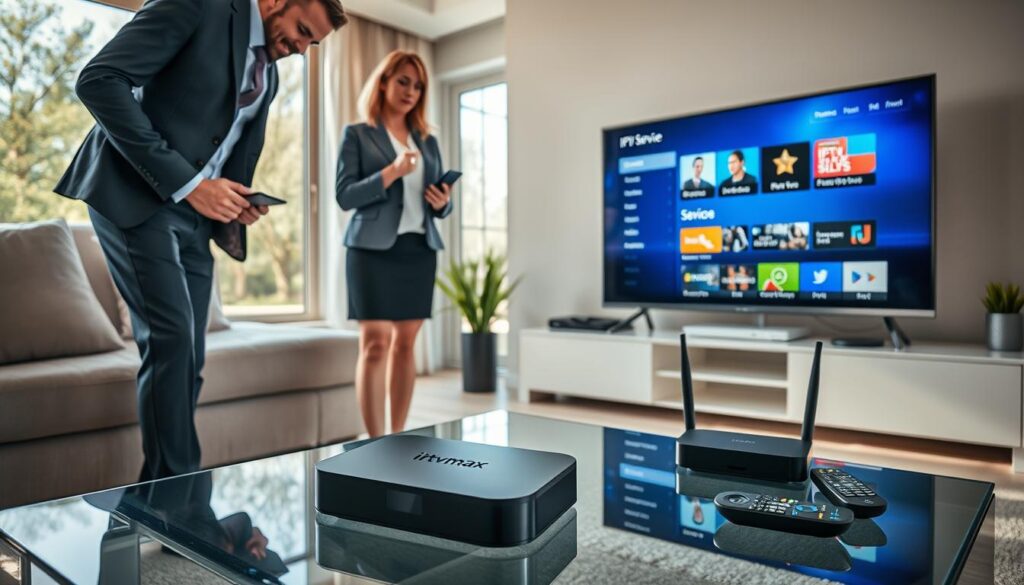 A modern living room scene featuring a sleek IPTV box on a glass coffee table, paired with a smart TV displaying vibrant on-screen IPTV service options. In the foreground, a well-dressed man in business casual attire is intently connecting the IPTV box to the TV and router. Nearby, a woman in smart casual wear, holding a smartphone, is monitoring the setup process. The middle ground showcases home technology like a stylish router and an array of remote controls. In the background, a large window allows natural light to fill the room, creating a warm and inviting atmosphere. Soft shadows add depth to the scene. Include the brand logo "iptvmaxcanada.com" subtly displayed on the IPTV box. A modern living room scene featuring a sleek IPTV box on a glass coffee table, paired with a smart TV displaying vibrant on-screen IPTV service options. In the foreground, a well-dressed man in business casual attire is intently connecting the IPTV box to the TV and router. Nearby, a woman in smart casual wear, holding a smartphone, is monitoring the setup process. The middle ground showcases home technology like a stylish router and an array of remote controls. In the background, a large window allows natural light to fill the room, creating a warm and inviting atmosphere. Soft shadows add depth to the scene. Include the brand logo "iptvmaxcanada.com" subtly displayed on the IPTV box.