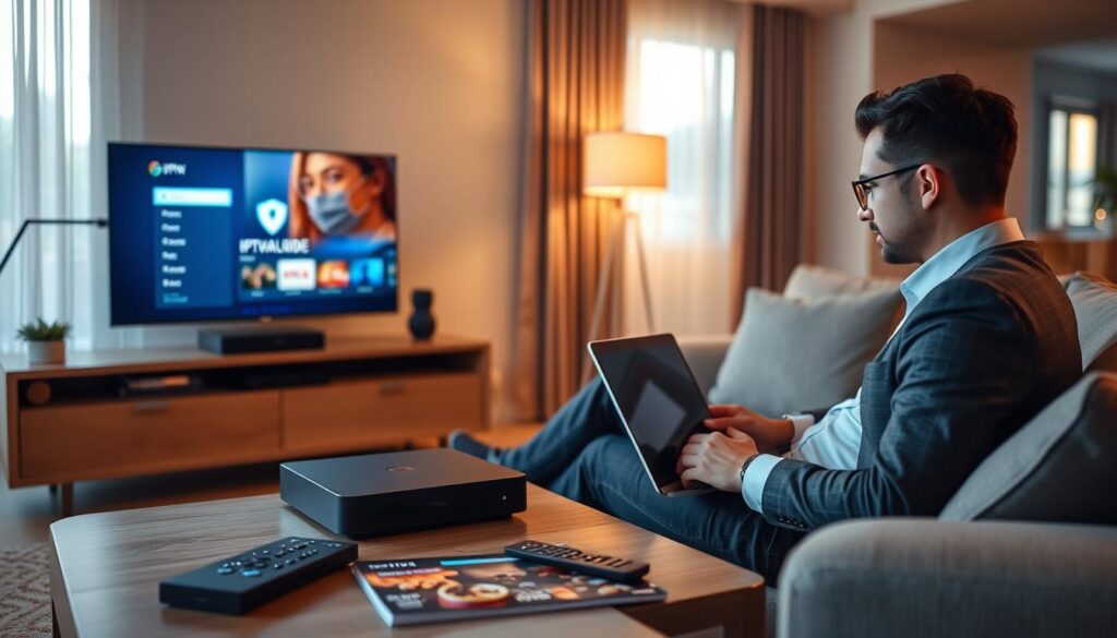 A modern living room setting featuring a sleek IPTV box connected to a TV, with a laptop displaying a VPN interface. In the foreground, a professional-looking person in business attire, sitting comfortably on a sofa, interacts with the laptop, focused and engaged. The middle ground showcases a coffee table with remote controls, snacks, and a vibrant IPTV guide. In the background, a large window lets in warm, natural light, bathing the room in a cozy atmosphere. The overall mood is relaxed and focused, highlighting the importance of using a VPN for secure streaming. Subtly include the logo of "iptvmaxcanada.com" on the TV screen. Use soft, inviting lighting to enhance the scene's warmth. A modern living room setting featuring a sleek IPTV box connected to a TV, with a laptop displaying a VPN interface. In the foreground, a professional-looking person in business attire, sitting comfortably on a sofa, interacts with the laptop, focused and engaged. The middle ground showcases a coffee table with remote controls, snacks, and a vibrant IPTV guide. In the background, a large window lets in warm, natural light, bathing the room in a cozy atmosphere. The overall mood is relaxed and focused, highlighting the importance of using a VPN for secure streaming. Subtly include the logo of "iptvmaxcanada.com" on the TV screen. Use soft, inviting lighting to enhance the scene's warmth.