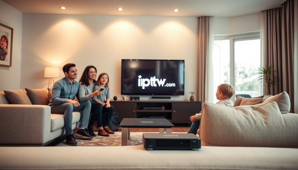 A modern living room setting showcasing a family enjoying IPTV services on a large screen. In the foreground, a cheerful family of four (parents in smart casual attire, children in comfortable clothing) are gathered around a sleek, contemporary couch, with a streaming device remote in hand. The middle ground features a stylish entertainment unit displaying the IPTV logo "iptvmaxcanada.com" prominently. The background includes a well-decorated room with soft, warm lighting, accentuated by a large window letting in natural light. The mood is relaxed and inviting, emphasizing the convenience and cost-saving aspects of IPTV over traditional cable. The angle is slightly elevated, capturing the joy and interaction of the family while highlighting the IPTV screen in focus. A modern living room setting showcasing a family enjoying IPTV services on a large screen. In the foreground, a cheerful family of four (parents in smart casual attire, children in comfortable clothing) are gathered around a sleek, contemporary couch, with a streaming device remote in hand. The middle ground features a stylish entertainment unit displaying the IPTV logo "iptvmaxcanada.com" prominently. The background includes a well-decorated room with soft, warm lighting, accentuated by a large window letting in natural light. The mood is relaxed and inviting, emphasizing the convenience and cost-saving aspects of IPTV over traditional cable. The angle is slightly elevated, capturing the joy and interaction of the family while highlighting the IPTV screen in focus.
