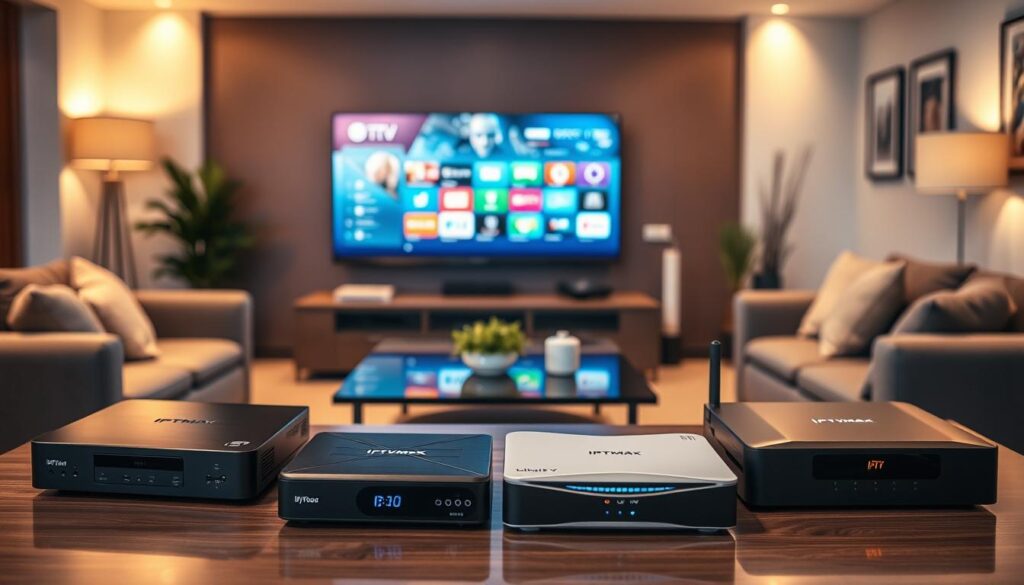 A modern, sleek living room setting featuring a table with several diverse IPTV boxes prominently displayed in the foreground, showcasing their unique designs and features. In the middle ground, a stylish television screen softly illuminated by ambient lighting, displaying a colorful interface of streaming content. The background features a cozy, well-decorated space that hints at a blend of technology and comfort, with plush furniture and subtle decorations. The lighting is warm and inviting, creating a good atmosphere for tech enthusiasts considering options. Include subtle branding for "iptvmaxcanada.com" on the IPTV boxes, focusing on their quality and user-friendliness, without cluttering the image. Use a wide-angle lens effect to capture the whole scene, conveying a sense of choice and curated style in IPTV box selections. A modern, sleek living room setting featuring a table with several diverse IPTV boxes prominently displayed in the foreground, showcasing their unique designs and features. In the middle ground, a stylish television screen softly illuminated by ambient lighting, displaying a colorful interface of streaming content. The background features a cozy, well-decorated space that hints at a blend of technology and comfort, with plush furniture and subtle decorations. The lighting is warm and inviting, creating a good atmosphere for tech enthusiasts considering options. Include subtle branding for "iptvmaxcanada.com" on the IPTV boxes, focusing on their quality and user-friendliness, without cluttering the image. Use a wide-angle lens effect to capture the whole scene, conveying a sense of choice and curated style in IPTV box selections.