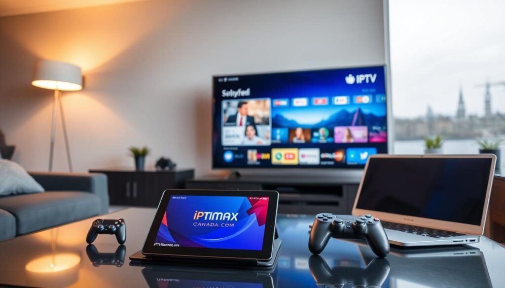 A sleek, modern living room showcasing various digital devices compatible with IPTV. In the foreground, a high-resolution smart television displays a vibrant IPTV interface, streaming popular channels. Beside it, a tablet and a smartphone, featuring the logo of iptvmaxcanada.com, lie on a stylish coffee table. In the middle ground, a gaming console and a laptop highlight compatibility options, all elegantly arranged. The background is softly lit, creating a cozy atmosphere with warm tones from floor lamps and a window view showing a serene Canadian landscape. The image captures the essence of modern connectivity and convenience, emphasizing device versatility and user-friendliness in a sharp, professional style. A sleek, modern living room showcasing various digital devices compatible with IPTV. In the foreground, a high-resolution smart television displays a vibrant IPTV interface, streaming popular channels. Beside it, a tablet and a smartphone, featuring the logo of iptvmaxcanada.com, lie on a stylish coffee table. In the middle ground, a gaming console and a laptop highlight compatibility options, all elegantly arranged. The background is softly lit, creating a cozy atmosphere with warm tones from floor lamps and a window view showing a serene Canadian landscape. The image captures the essence of modern connectivity and convenience, emphasizing device versatility and user-friendliness in a sharp, professional style.