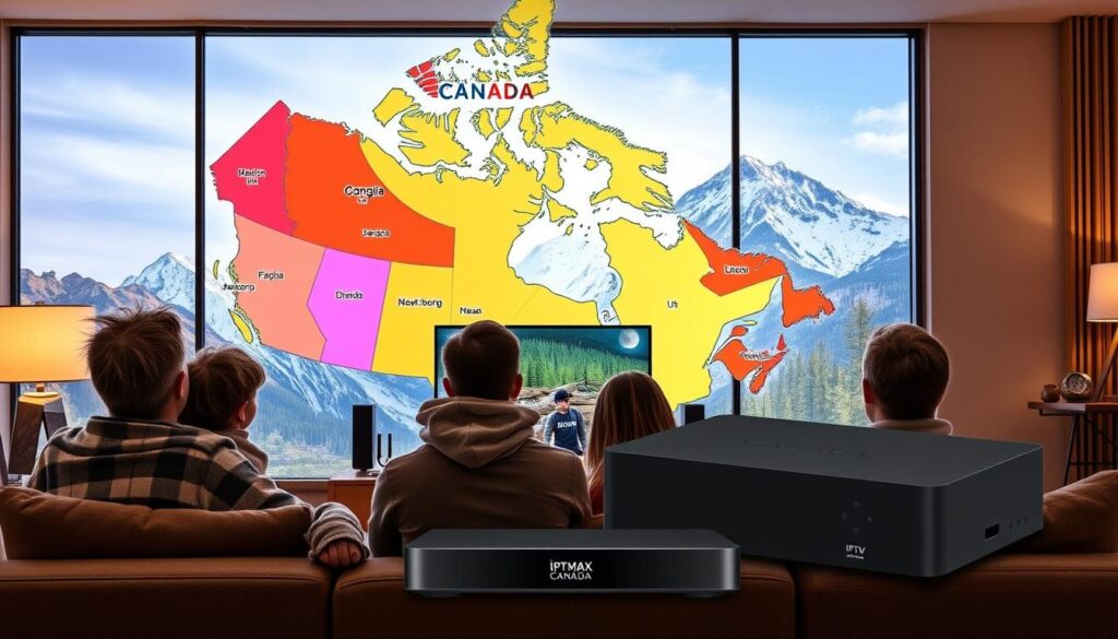 A stunning visualization of IPTV coverage and reliability across Canada, featuring a detailed map highlighting various regions in vibrant colors, symbolizing strong signal strength. In the foreground, a modern living room setting shows a family watching a large flat-screen TV, engrossed in streaming content, dressed in cozy casual attire. The middle-ground includes a sleek digital device labeled "iptvmaxcanada.com," showcasing user-friendly interfaces. The background displays distinctive Canadian landscapes, like mountains and forests, representing the diverse regions benefiting from the service. Bright, warm lighting enhances the inviting atmosphere, suggesting reliability and seamless entertainment. The angle captures both the living space and the view of the map, emphasizing the wide coverage area. A stunning visualization of IPTV coverage and reliability across Canada, featuring a detailed map highlighting various regions in vibrant colors, symbolizing strong signal strength. In the foreground, a modern living room setting shows a family watching a large flat-screen TV, engrossed in streaming content, dressed in cozy casual attire. The middle-ground includes a sleek digital device labeled "iptvmaxcanada.com," showcasing user-friendly interfaces. The background displays distinctive Canadian landscapes, like mountains and forests, representing the diverse regions benefiting from the service. Bright, warm lighting enhances the inviting atmosphere, suggesting reliability and seamless entertainment. The angle captures both the living space and the view of the map, emphasizing the wide coverage area.