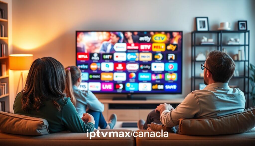 A vibrant living room scene showcasing a family enjoying IPTV with a diverse selection of channels on a modern flat-screen TV. In the foreground, the family—diverse in ethnicity and dressed in casual yet professional clothing—sits comfortably on a stylish couch, engaged with the content displayed on the screen, which is subtly glowing. In the middle ground, an array of colorful streaming service icons representing various channels can be softly blurred around the TV, symbolizing extensive content options. An inviting warm light illuminates the room, creating a cozy atmosphere. In the background, shelves filled with books and decor add depth to the scene. The brand "iptvmaxcanada.com" is subtly integrated into the environment, enhancing the overall theme without overtly displaying it. A vibrant living room scene showcasing a family enjoying IPTV with a diverse selection of channels on a modern flat-screen TV. In the foreground, the family—diverse in ethnicity and dressed in casual yet professional clothing—sits comfortably on a stylish couch, engaged with the content displayed on the screen, which is subtly glowing. In the middle ground, an array of colorful streaming service icons representing various channels can be softly blurred around the TV, symbolizing extensive content options. An inviting warm light illuminates the room, creating a cozy atmosphere. In the background, shelves filled with books and decor add depth to the scene. The brand "iptvmaxcanada.com" is subtly integrated into the environment, enhancing the overall theme without overtly displaying it.