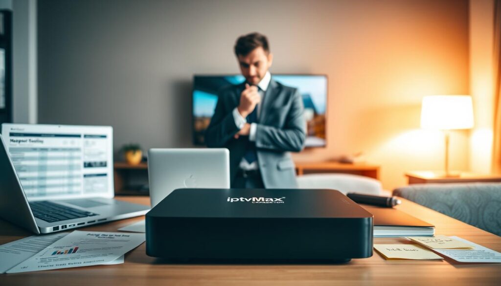 A well-organized workspace showcasing the key factors for choosing an IPTV box, with a focal point on a sleek, modern IPTV box prominently displayed in the foreground. Surrounding it are essential items like a laptop with comparison charts, a tablet, and user reviews on sticky notes, presenting a detailed view of research. In the middle ground, a professional individual in business attire thoughtfully examines the options, exuding focus and determination. The background features a cozy living room setup with a large flat-screen TV, warm lighting emphasizing the inviting atmosphere of home entertainment. The image has a soft focus to create a visually appealing depth, while maintaining clarity on the IPTV box. The brand "iptvmaxcanada.com" should be subtly integrated into the scene through an elegant logo on the electronics. A well-organized workspace showcasing the key factors for choosing an IPTV box, with a focal point on a sleek, modern IPTV box prominently displayed in the foreground. Surrounding it are essential items like a laptop with comparison charts, a tablet, and user reviews on sticky notes, presenting a detailed view of research. In the middle ground, a professional individual in business attire thoughtfully examines the options, exuding focus and determination. The background features a cozy living room setup with a large flat-screen TV, warm lighting emphasizing the inviting atmosphere of home entertainment. The image has a soft focus to create a visually appealing depth, while maintaining clarity on the IPTV box. The brand "iptvmaxcanada.com" should be subtly integrated into the scene through an elegant logo on the electronics.