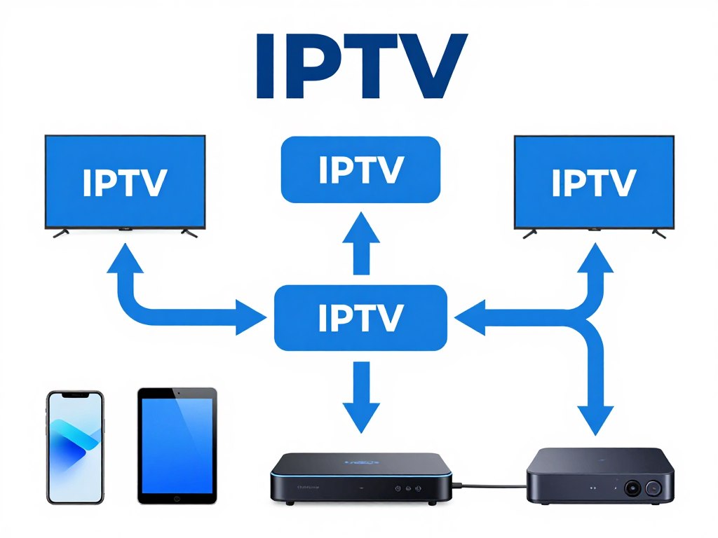 IPTV Canada technology diagram showing internet connection streaming to multiple devices