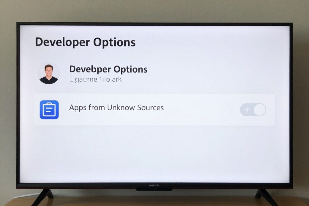 fire stick settings menu showing developer options for iptv app installation
