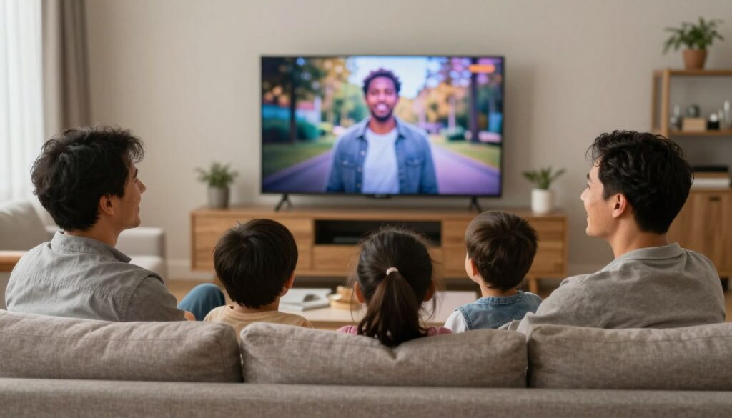 happy canadian family enjoying iptv streaming together in living room