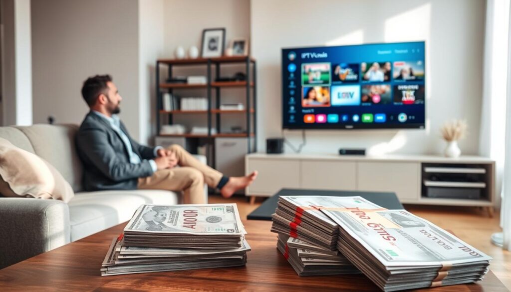 A bright and modern living room setting featuring a professional individual dressed in business casual attire, sitting on a comfortable sofa and using a sleek streaming device connected to a large flat-screen TV. The TV displays a vibrant interface showing various IPTV channels with budget-friendly pricing highlighted, symbolizing cost savings compared to traditional cable TV. In the foreground, a coffee table holds a stack of bills with red marks indicating savings, conveying a sense of financial relief. The middle ground includes a window allowing natural light to flood in, enhancing the optimistic atmosphere. The background shows a neatly organized shelf with technology books and decor, establishing a contemporary ambiance. Gentle, warm lighting creates a welcoming mood, emphasizing the theme of smart financial choices with "iptvmaxcanada.com" subtly incorporated into the decor.
