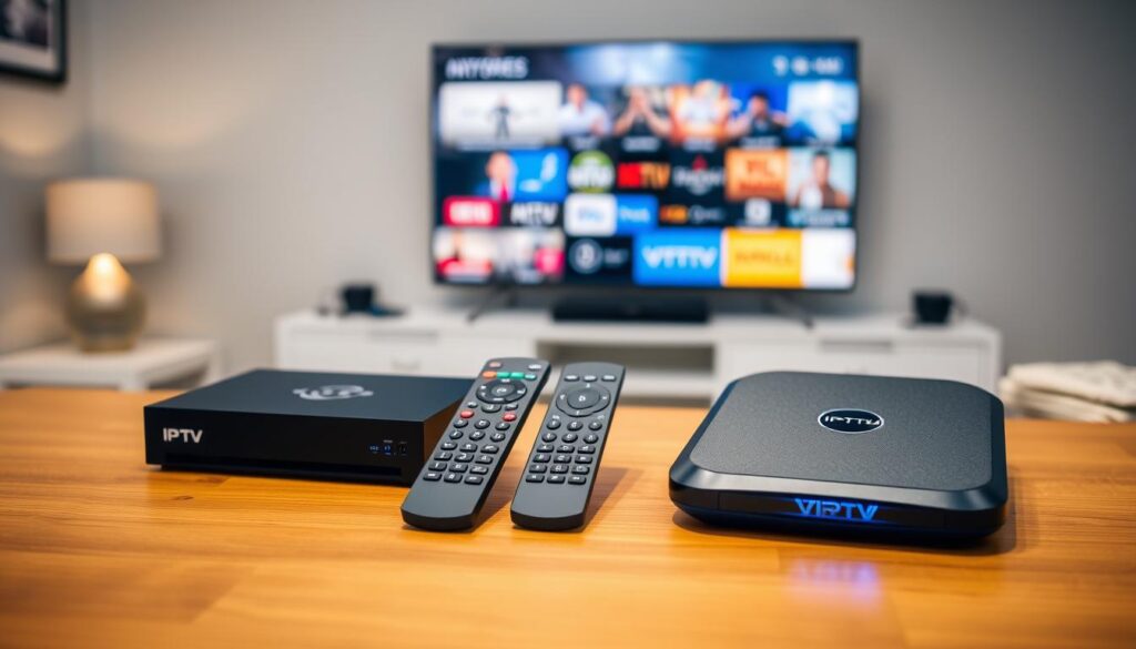 A clean and informative comparison image showcasing an IPTV Box and an Android TV Box side by side on a sleek wooden table. In the foreground, the IPTV Box is on the left, featuring a streamlined black design with visible indicators, and the Android TV Box on the right, showcasing a modern aesthetic with rounded edges and a glowing logo. In the middle ground, display remote controls for each device, highlighting their unique features. The background is softly blurred, showing a cozy living room setting with a television on the wall displaying vibrant streaming content. Utilize warm, soft lighting to create an inviting atmosphere, captured at a slight angle to emphasize the devices. Maintain a professional tone suitable for a tech article, including subtle branding of "iptvmaxcanada.com" in the design without overt display. A clean and informative comparison image showcasing an IPTV Box and an Android TV Box side by side on a sleek wooden table. In the foreground, the IPTV Box is on the left, featuring a streamlined black design with visible indicators, and the Android TV Box on the right, showcasing a modern aesthetic with rounded edges and a glowing logo. In the middle ground, display remote controls for each device, highlighting their unique features. The background is softly blurred, showing a cozy living room setting with a television on the wall displaying vibrant streaming content. Utilize warm, soft lighting to create an inviting atmosphere, captured at a slight angle to emphasize the devices. Maintain a professional tone suitable for a tech article, including subtle branding of "iptvmaxcanada.com" in the design without overt display.