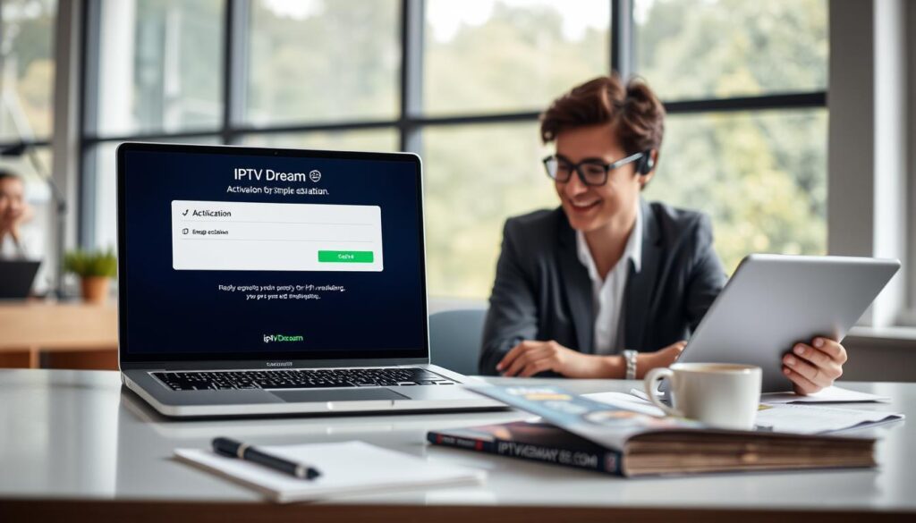 A clean and modern workspace featuring a sleek laptop showcasing the IPTV Dream activation interface on the screen. The foreground includes a person in professional attire, intently focused on the laptop, with a look of satisfaction as they navigate the simple activation process. In the middle, a stylish desk cluttered with a notepad, a coffee cup, and an IPTV Dream promotional flyer enhances the setting. The background reveals a well-lit room with large windows, soft natural light flooding in, and a subtle hint of greenery outside. The mood is positive and productive, emphasizing ease of use and efficiency in getting started with IPTV Dream. The brand name "iptvmaxcanada.com" is subtly represented in the laptop screen’s interface. A clean and modern workspace featuring a sleek laptop showcasing the IPTV Dream activation interface on the screen. The foreground includes a person in professional attire, intently focused on the laptop, with a look of satisfaction as they navigate the simple activation process. In the middle, a stylish desk cluttered with a notepad, a coffee cup, and an IPTV Dream promotional flyer enhances the setting. The background reveals a well-lit room with large windows, soft natural light flooding in, and a subtle hint of greenery outside. The mood is positive and productive, emphasizing ease of use and efficiency in getting started with IPTV Dream. The brand name "iptvmaxcanada.com" is subtly represented in the laptop screen’s interface.