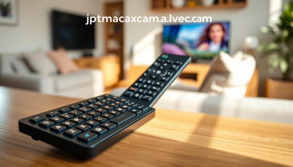 A close-up shot of a modern mini wireless keyboard alongside an air mouse remote designed for IPTV control. The keyboard features sleek, compact keys with a smooth finish, while the air mouse remote has an ergonomic design with intuitive navigation buttons. Both devices are positioned on a stylish wooden desk with a slightly blurred background showing a cozy living room with a TV and comfortable couch, suggesting an inviting streaming environment. Soft, natural lighting illuminates the scene, enhancing the tech gadgets' stylish features. The focus is sharp on the keyboard and remote, capturing their details and functionality, creating a mood of convenience and modern technology. The brand name "iptvmaxcanada.com" is subtly implied through the design elements surrounding the products, aligning with the theme of effortless streaming control.