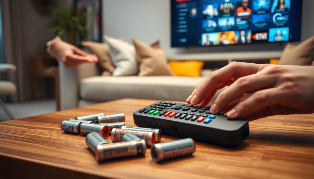 A close-up view of an IPTV remote control resting on a wooden coffee table, surrounded by an array of freshly opened battery packs. The remote control features a sleek design with colorful buttons. In the foreground, a pair of hands in business casual attire gently replace batteries in the remote, showcasing the practicality of managing power. The mid-ground includes a stylish living room setting, with soft couch cushions and a large screen displaying streaming options in the background. The lighting is warm and inviting, emphasizing a cozy atmosphere. A subtle hint of the brand "iptvmaxcanada.com" appears in the ambient decor, reinforcing a seamless integration of technology and home life. A close-up view of an IPTV remote control resting on a wooden coffee table, surrounded by an array of freshly opened battery packs. The remote control features a sleek design with colorful buttons. In the foreground, a pair of hands in business casual attire gently replace batteries in the remote, showcasing the practicality of managing power. The mid-ground includes a stylish living room setting, with soft couch cushions and a large screen displaying streaming options in the background. The lighting is warm and inviting, emphasizing a cozy atmosphere. A subtle hint of the brand "iptvmaxcanada.com" appears in the ambient decor, reinforcing a seamless integration of technology and home life.