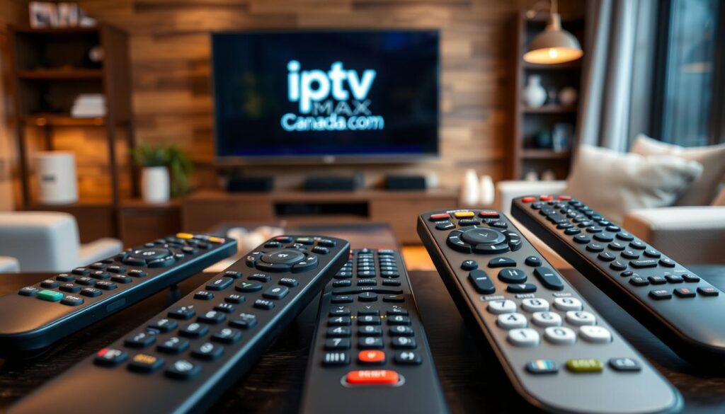 A close-up view of multiple remote controls designed for IPTV boxes, showcasing a variety of modern features, including buttons for voice control and streaming services. Arrange the remotes in the foreground on a sleek, dark wooden table. In the middle ground, include a stylish TV displaying the iptvmaxcanada.com logo, subtly integrated into the interface. The background should show a cozy living room setting with soft, ambient lighting that enhances a warm, inviting atmosphere. Capture the scene from a slightly elevated angle to give depth, ensuring the focus remains on the remotes while providing context of their usage. Aim for a clean, professional look that reflects functionality and ease of use in Canadian households. A close-up view of multiple remote controls designed for IPTV boxes, showcasing a variety of modern features, including buttons for voice control and streaming services. Arrange the remotes in the foreground on a sleek, dark wooden table. In the middle ground, include a stylish TV displaying the iptvmaxcanada.com logo, subtly integrated into the interface. The background should show a cozy living room setting with soft, ambient lighting that enhances a warm, inviting atmosphere. Capture the scene from a slightly elevated angle to give depth, ensuring the focus remains on the remotes while providing context of their usage. Aim for a clean, professional look that reflects functionality and ease of use in Canadian households.