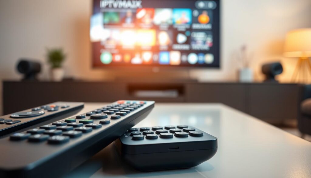 A close-up view of various IPTV remote controls displayed on a sleek, modern table. In the foreground, highlight a couple of remotes with distinct designs and buttons, showcasing features such as number pads, directional arrows, and streaming keys. In the middle background, softly blurred, include a television screen displaying a streaming interface, hinting at the seamless setup process. The scene is well-lit with warm, inviting lighting to create a friendly atmosphere, suggesting ease of use. The overall mood is professional yet approachable, with an emphasis on clarity and technology. Include subtle branding of "iptvmaxcanada.com" in a tasteful manner on the table. Use a standard lens perspective, focusing closely on the remotes while keeping the background elements slightly out of focus. A close-up view of various IPTV remote controls displayed on a sleek, modern table. In the foreground, highlight a couple of remotes with distinct designs and buttons, showcasing features such as number pads, directional arrows, and streaming keys. In the middle background, softly blurred, include a television screen displaying a streaming interface, hinting at the seamless setup process. The scene is well-lit with warm, inviting lighting to create a friendly atmosphere, suggesting ease of use. The overall mood is professional yet approachable, with an emphasis on clarity and technology. Include subtle branding of "iptvmaxcanada.com" in a tasteful manner on the table. Use a standard lens perspective, focusing closely on the remotes while keeping the background elements slightly out of focus.