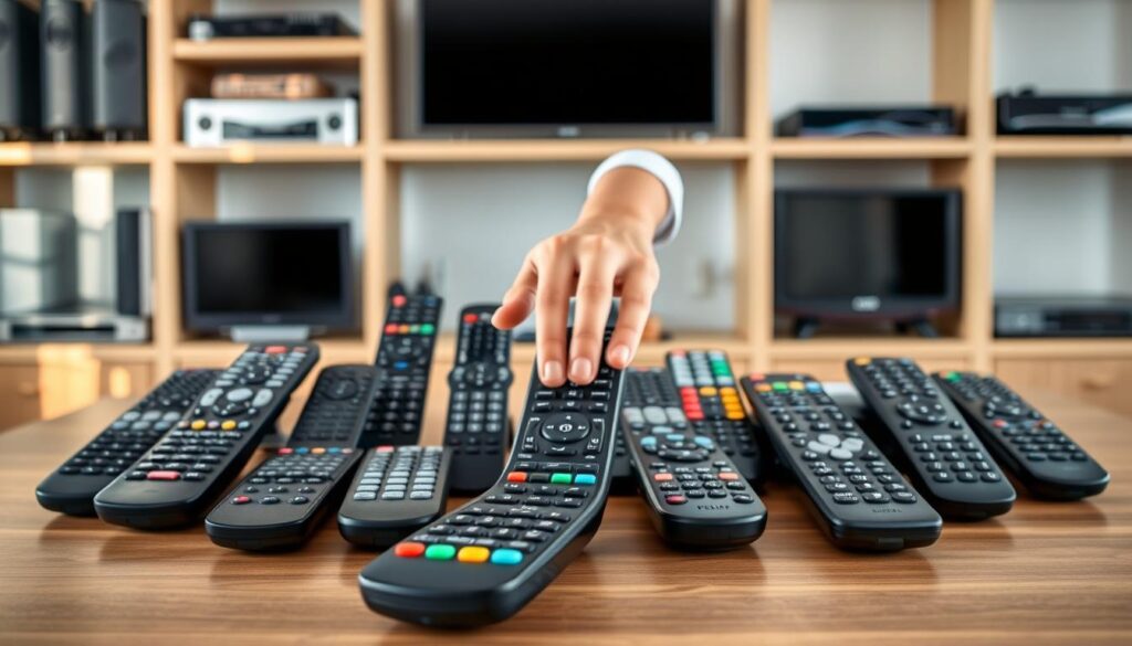 A collection of diverse IPTV remote controls displayed on a sleek wooden table, showcasing various shapes and sizes, with the brand name "iptvmaxcanada.com" subtly included. In the foreground, a modern remote control is highlighted, featuring a colorful button layout, reflecting reliability and ease of use. In the middle, a hand in professional attire reaches towards the remotes, symbolizing the act of selecting a replacement remote. The background consists of blurred shelves filled with electronics, creating a tech-savvy atmosphere. Soft, natural light filters from the left, casting gentle shadows for depth. The overall mood is informative and inviting, highlighting the accessibility of reliable replacement IPTV remote controls in Canada, perfect for managing streaming needs. A collection of diverse IPTV remote controls displayed on a sleek wooden table, showcasing various shapes and sizes, with the brand name "iptvmaxcanada.com" subtly included. In the foreground, a modern remote control is highlighted, featuring a colorful button layout, reflecting reliability and ease of use. In the middle, a hand in professional attire reaches towards the remotes, symbolizing the act of selecting a replacement remote. The background consists of blurred shelves filled with electronics, creating a tech-savvy atmosphere. Soft, natural light filters from the left, casting gentle shadows for depth. The overall mood is informative and inviting, highlighting the accessibility of reliable replacement IPTV remote controls in Canada, perfect for managing streaming needs.