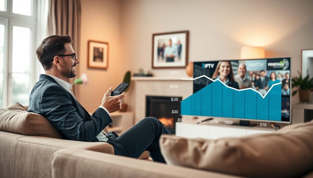 A comparison scene illustrating cost savings with IPTV subscriptions versus traditional cable. In the foreground, a person in professional attire is sitting comfortably on a modern couch, holding a remote control, with a look of satisfaction while scrolling through various channels displayed on a sleek TV screen. In the middle layer, a visually appealing chart or infographic shows a downward trend in monthly expenses, emphasizing the financial benefits of IPTV. The background features a cozy living room with warm lighting and contemporary decor, creating an inviting atmosphere. Soft natural light comes through a window, adding to the comforting vibe. The image subtly includes the brand “iptvmaxcanada.com” integrated into the decor, like a framed picture or a book on the shelf.