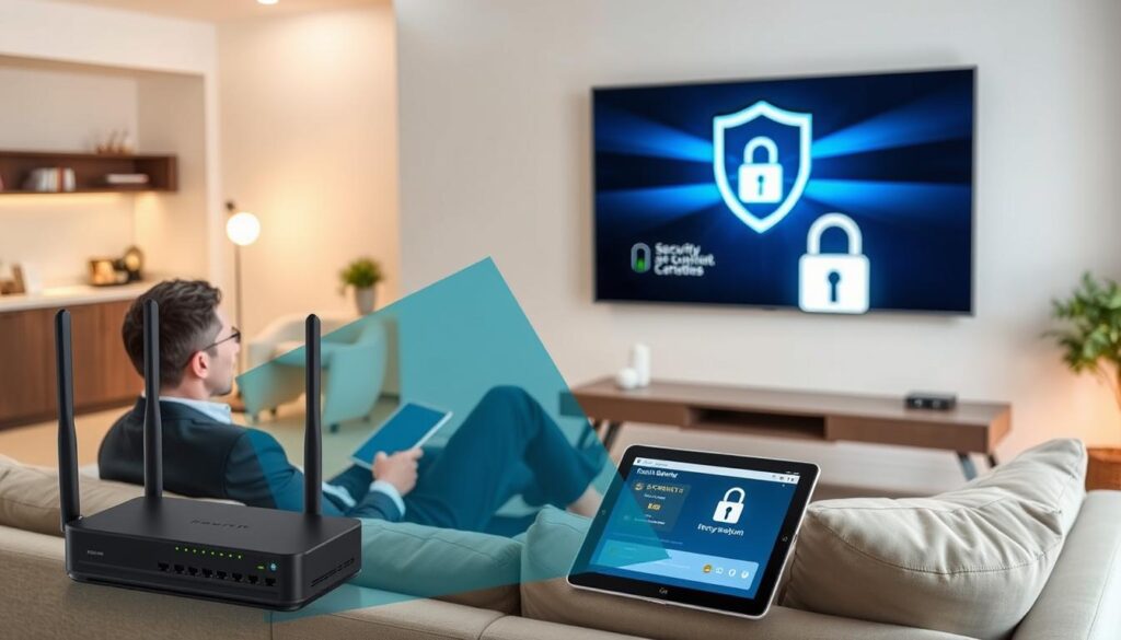 A conceptual scene illustrating security and privacy in IPTV services, featuring a modern living room with a large flat-screen TV displaying a secure streaming interface. In the foreground, a professional in business attire sits comfortably on a couch, using a tablet. The middle layer includes details like a visible network router with LEDs signaling security features and a secure payment screen on the tablet, emphasizing encrypted transactions. The background shows a cozy home environment with soft lighting and a digital lock icon subtly integrated into the design. Overall, the atmosphere is reliable and trustworthy, reflecting advanced technology. Include branding elements for "iptvmaxcanada.com" seamlessly into the TV screen's user interface.