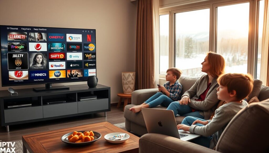 A cozy Canadian living room featuring a modern television displaying various IPTV channels from iptvmaxcanada.com. In the foreground, a family of three sits comfortably on a stylish couch. The father, dressed in a smart-casual outfit, is holding a remote control and explaining the features of the IPTV service. The mother, in a simple yet elegant attire, watches attentively, while a child with a playful expression looks towards the screen, reflecting excitement. The middle ground shows a coffee table with snacks and a laptop open, illustrating the ease of online payment methods. In the background, large windows allow warm, natural light to flood the space, highlighting a Canadian landscape outside. The atmosphere conveys a sense of comfort, family bonding, and modern technology.