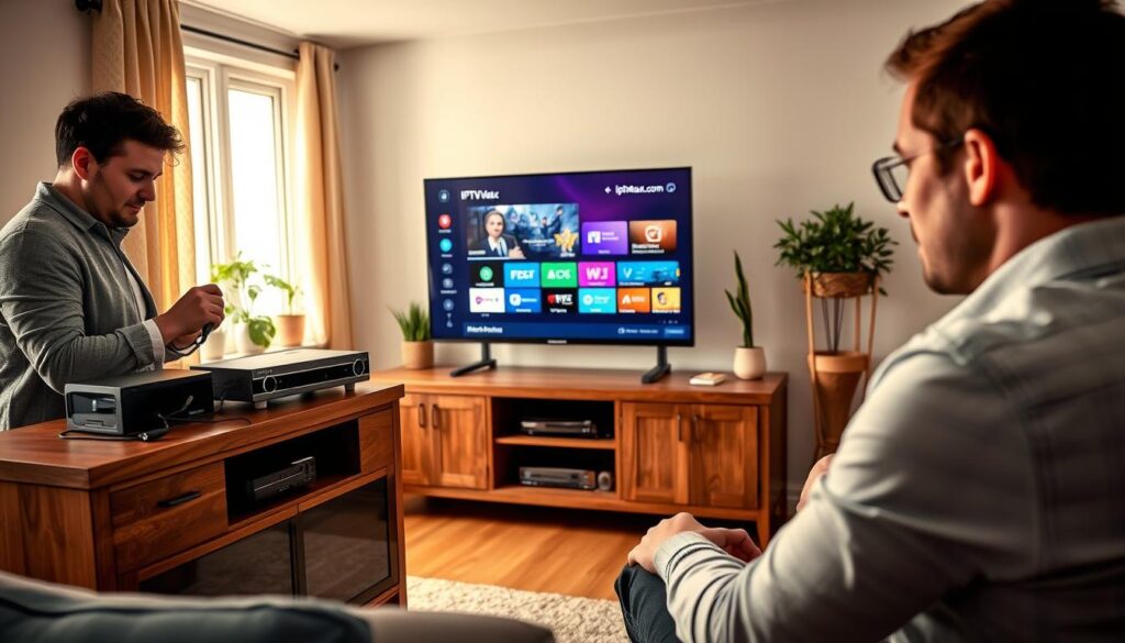 A cozy living room in Canada, featuring a stylish wooden entertainment center with an IPTV box prominently displayed on top. In the foreground, a tech-savvy individual in smart casual attire is connecting cables and adjusting the box, focusing intently on the task. The middle ground captures a sleek flat-screen TV displaying a menu interface for the IPTV service “iptvmaxcanada.com,” with colorful icons and options visible. The background shows a window with natural light streaming in, illuminating potted plants and a comfortable sofa. The atmosphere is warm and inviting, with an emphasis on modern technology and easy setup. Use soft but bright lighting to create a cheerful and motivating vibe, shot from a slightly elevated angle to capture the entire setup. A cozy living room in Canada, featuring a stylish wooden entertainment center with an IPTV box prominently displayed on top. In the foreground, a tech-savvy individual in smart casual attire is connecting cables and adjusting the box, focusing intently on the task. The middle ground captures a sleek flat-screen TV displaying a menu interface for the IPTV service “iptvmaxcanada.com,” with colorful icons and options visible. The background shows a window with natural light streaming in, illuminating potted plants and a comfortable sofa. The atmosphere is warm and inviting, with an emphasis on modern technology and easy setup. Use soft but bright lighting to create a cheerful and motivating vibe, shot from a slightly elevated angle to capture the entire setup.