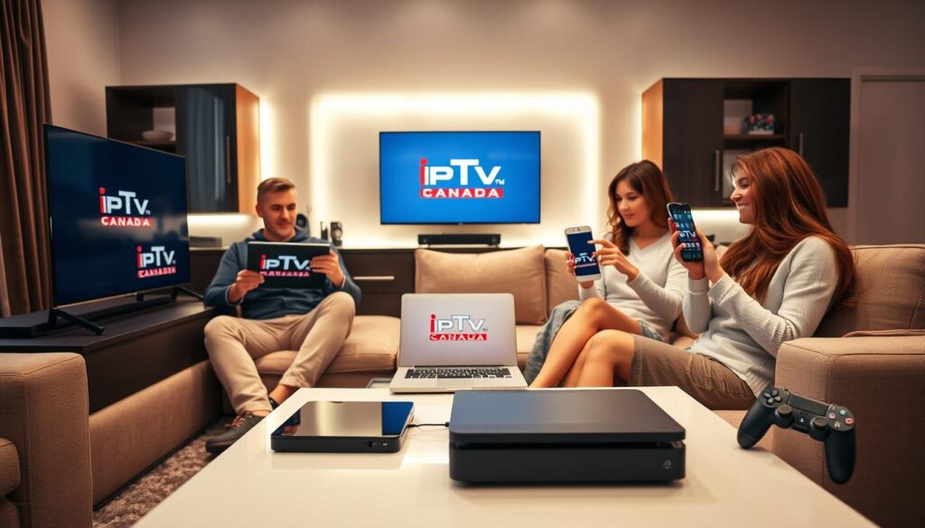 A cozy living room scene depicting multi-device usage for IPTV in Canada. In the foreground, a diverse group of three adults, one male and two females, are comfortably seated on a plush sofa, using a smart TV, a tablet, and a smartphone respectively, all displaying the logo of iptvmaxcanada.com. In the middle, various devices including a laptop and a gaming console are arranged on a sleek coffee table, showcasing seamless connectivity. The background features a modern entertainment unit, with soft LED lighting casting a warm glow, creating a relaxed atmosphere. The angle is slightly elevated, capturing the interaction between the users and devices while ensuring a professional yet inviting vibe. The overall mood is friendly and engaging, emphasizing the convenience of IPTV for Canadian viewers.