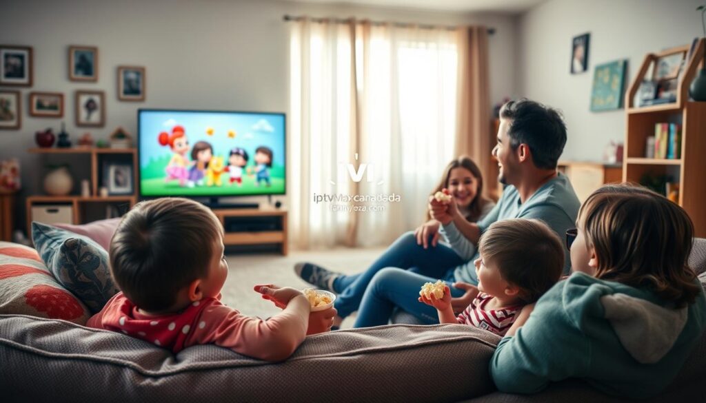 A cozy living room scene designed for families, featuring a comfortable couch with colorful throw pillows. In the foreground, children on the couch are intently watching a vibrant TV screen displaying animated characters and family-friendly shows. In the middle, a parent is seated adjacent, sharing popcorn with the kids, smiling and enjoying the moment together. The background includes family photos on the walls and a bookshelf filled with children’s books and board games. Soft, warm lighting creates an inviting atmosphere, with sunlight filtering through sheer curtains. The overall mood is joyful and nurturing, emphasizing family bonding through entertainment. The image subtly features the logo "iptvmaxcanada.com" on the TV screen.