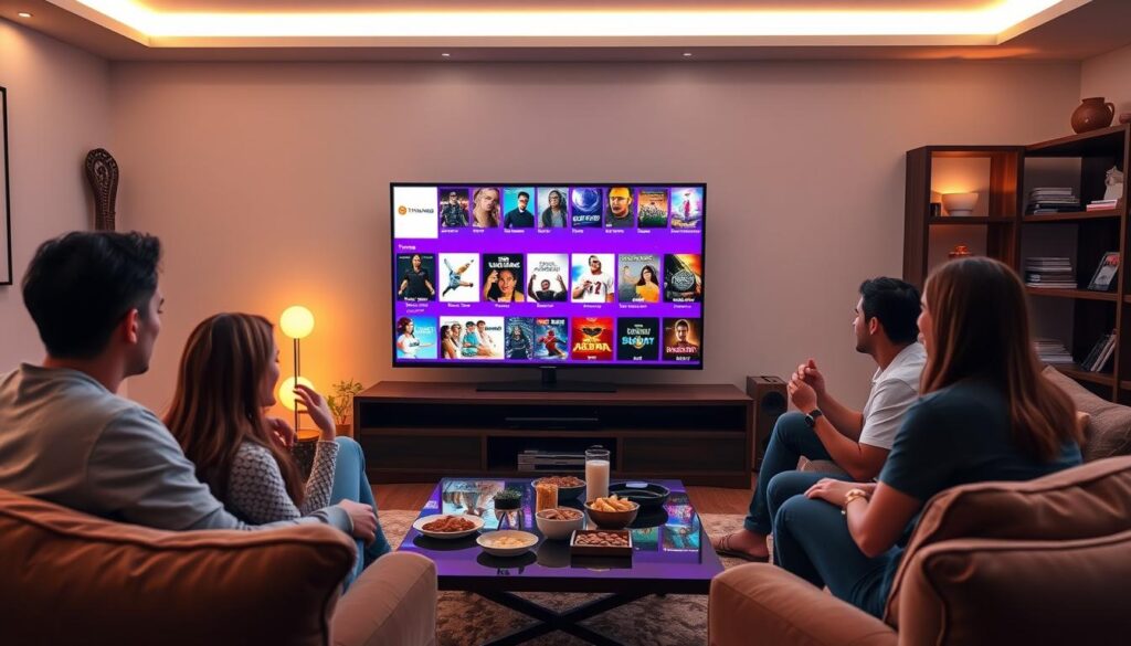 A cozy living room scene featuring a family gathered around a modern television displaying vibrant IPTV Prime live channels and movie options from iptvmaxcanada.com. In the foreground, the family, dressed in casual clothing, looks engaged and excited as they navigate through a colorful user interface filled with thumbnails of various movies, series, and live sports. In the middle, rich details of the room are visible, such as plush furniture, a stylish coffee table with snacks, and warm ambient lighting creating a welcoming atmosphere. The background includes a bookshelf with decorative items, contributing to a homey vibe. The image captures a sense of connection and enjoyment in streaming entertainment seamlessly, showcasing a modern technological experience. A cozy living room scene featuring a family gathered around a modern television displaying vibrant IPTV Prime live channels and movie options from iptvmaxcanada.com. In the foreground, the family, dressed in casual clothing, looks engaged and excited as they navigate through a colorful user interface filled with thumbnails of various movies, series, and live sports. In the middle, rich details of the room are visible, such as plush furniture, a stylish coffee table with snacks, and warm ambient lighting creating a welcoming atmosphere. The background includes a bookshelf with decorative items, contributing to a homey vibe. The image captures a sense of connection and enjoyment in streaming entertainment seamlessly, showcasing a modern technological experience.