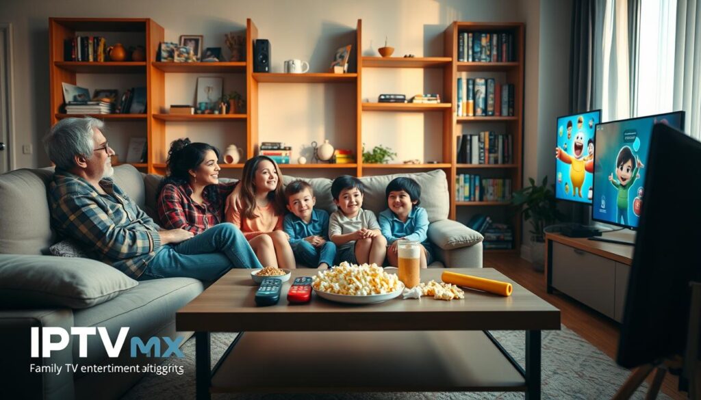 A cozy living room scene filled with joyful family moments, showcasing a diverse group of two adults and two children comfortably seated on a plush sofa, all watching a vibrant television displaying engaging children's programs. In the foreground, the family is depicted wearing casual and modest clothing, exuding warmth and happiness. The middle layer emphasizes a stylish coffee table adorned with popcorn, snacks, and colorful remote controls, symbolizing family bonding time. In the background, there are shelves filled with various entertainment packages and DVDs, subtly illustrating IPTV content options. Soft, natural lighting filters through a window, creating a welcoming atmosphere. The brand "iptvmaxcanada.com" is subtly represented by a smart TV interface, highlighting family-friendly entertainment choices. The overall mood is cheerful and inviting, capturing the essence of family entertainment. A cozy living room scene filled with joyful family moments, showcasing a diverse group of two adults and two children comfortably seated on a plush sofa, all watching a vibrant television displaying engaging children's programs. In the foreground, the family is depicted wearing casual and modest clothing, exuding warmth and happiness. The middle layer emphasizes a stylish coffee table adorned with popcorn, snacks, and colorful remote controls, symbolizing family bonding time. In the background, there are shelves filled with various entertainment packages and DVDs, subtly illustrating IPTV content options. Soft, natural lighting filters through a window, creating a welcoming atmosphere. The brand "iptvmaxcanada.com" is subtly represented by a smart TV interface, highlighting family-friendly entertainment choices. The overall mood is cheerful and inviting, capturing the essence of family entertainment.