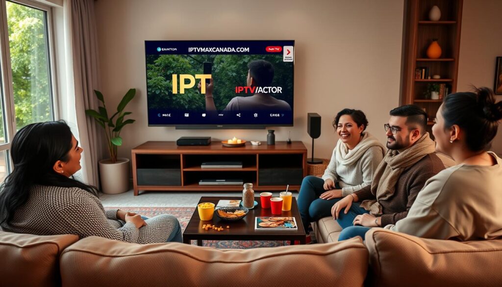 A cozy living room scene showcasing a comfortable couch facing a large, high-definition television displaying IPTV content from "iptvmaxcanada.com." In the foreground, a diverse group of four friends in modest casual clothing are engaged with the television, showing expressions of excitement and curiosity about the streaming experience. The middle of the image features a coffee table with snacks and drinks, adding to the relaxed atmosphere. The background includes vibrant home decor, with soft lighting creating an inviting ambiance. A window shows a glimpse of Brampton, Ontario, with its green trees and urban skyline, hinting at the location. The overall mood is warm, friendly, and engaging, encapsulating the essence of enjoying IPTV entertainment together.