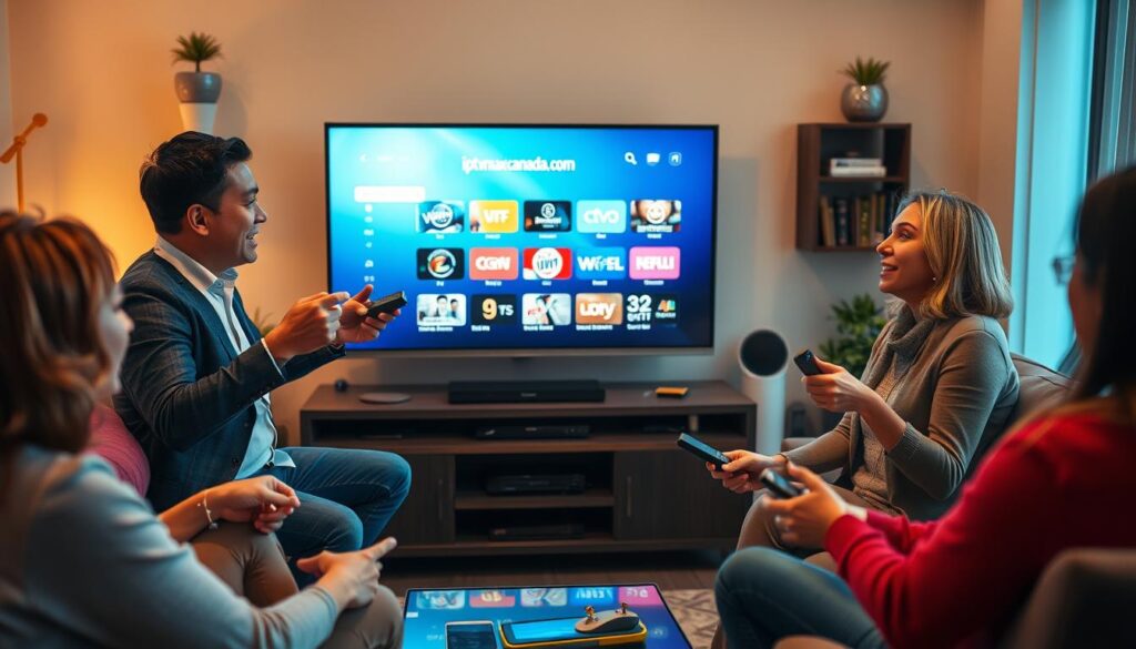 A cozy living room scene showcasing a diverse group of Canadians gathered around a modern television set, all engaging with an IPTV service. In the foreground, two adults, one male and one female, excitedly discussing their positive experiences while holding remote controls, dressed in smart casual outfits. In the middle, the TV screen displays a vibrant interface from "iptvmaxcanada.com" featuring various streaming options. In the background, warm lighting creates an inviting atmosphere, with a few decorative elements like plants and shelves filled with books. The room is softly lit to enhance the feeling of comfort and connection. The overall mood is positive and communal, emphasizing trust and satisfaction in their IPTV experiences. A cozy living room scene showcasing a diverse group of Canadians gathered around a modern television set, all engaging with an IPTV service. In the foreground, two adults, one male and one female, excitedly discussing their positive experiences while holding remote controls, dressed in smart casual outfits. In the middle, the TV screen displays a vibrant interface from "iptvmaxcanada.com" featuring various streaming options. In the background, warm lighting creates an inviting atmosphere, with a few decorative elements like plants and shelves filled with books. The room is softly lit to enhance the feeling of comfort and connection. The overall mood is positive and communal, emphasizing trust and satisfaction in their IPTV experiences.