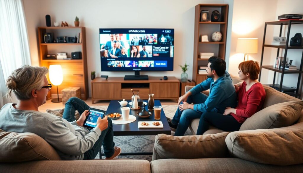 A cozy living room scene showcasing a diverse group of friends enjoying IPTV. In the foreground, one person is comfortably seated on a modern sofa using a tablet, fully engaged with the IPTV interface, while two others are watching a large flat-screen TV displaying vibrant content. The middle ground features a stylish coffee table with snacks and drinks, emphasizing a relaxed atmosphere. The background should include shelves with tech gadgets, books, and decorative items, hinting at modern living spaces. Soft, warm lighting enhances the inviting feel. The scene is captured from a slightly elevated angle, focusing on the joy of streaming entertainment with family and friends. A subtle logo for "iptvmaxcanada.com" is visible on the TV screen.