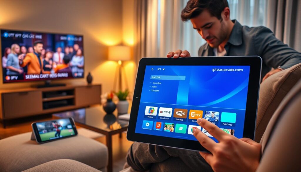 A cozy living room scene showcasing multiple devices displaying IPTV content simultaneously. In the foreground, a tablet shows a vibrant IPTV interface, with a user interacting with it, dressed in casual yet professional attire. To the left, a sleek smart TV with a lively show capturing attention, and on a nearby coffee table, a smartphone also streaming IPTV, displaying a sports event. The middle ground features plush seating and decorative elements, creating a homey atmosphere. In the background, warm ambient lighting creates a welcoming mood, with soft shadows adding depth. The scene emphasizes convenience and modern technology, with a subtle display of the brand "iptvmaxcanada.com" on one of the devices. The overall feeling is relaxed yet technologically advanced.