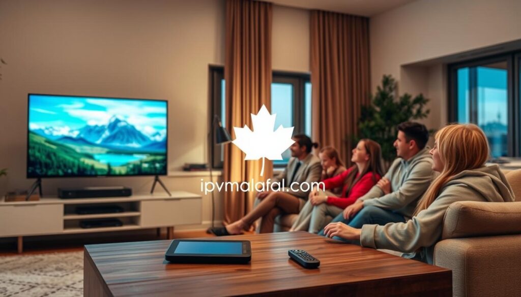 A cozy living room scene showcasing the advantages of local IPTV services in Canada. In the foreground, a family of diverse individuals enjoys streaming content on a smart TV, all dressed in comfortable yet professional clothing, emphasizing the casual and homey feel. In the middle ground, an array of devices like a tablet and wireless remote lies on a coffee table, symbolizing convenience and modern technology. In the background, a window reveals a beautiful Canadian landscape, highlighting the local aspect. Soft, warm lighting fills the room, creating an inviting atmosphere. The overall mood is relaxed and engaging, emphasizing the benefits of choosing local IPTV, represented by the sleek logo of iptvmaxcanada.com subtly integrated into the decor.