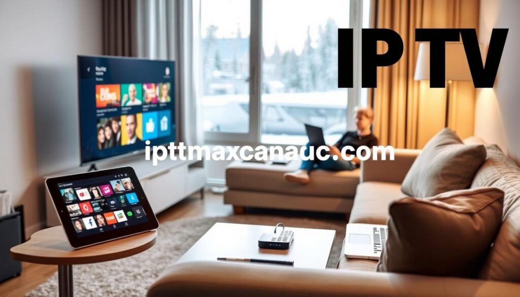 A cozy living room scene showcasing various devices compatible with IPTV services for Canadian viewers. In the foreground, a modern smart TV displaying colorful streaming apps. A sleek tablet sits on a side table, while a laptop is open on a stylish sofa, illustrating diverse viewing options. The middle ground features a few remote controls and a streaming device connected to the TV, emphasizing user-friendly access. In the background, a window reveals a snowy Canadian landscape, hinting at the convenience of IPTV in any setting. Soft, warm lighting creates an inviting atmosphere, with a shallow depth of field blurring the background slightly. The image conveys a sense of comfort and modernity, perfect for illustrating device compatibility. Include the brand name “iptvmaxcanada.com” subtly integrated within the design elements without overpowering the scene.