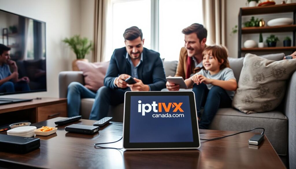 A cozy living room setting featuring a diverse group of four people, two adults and two children, gathered around a modern television while setting up IPTV on their devices. In the foreground, a sleek tablet displaying the "iptvmaxcanada.com" logo lies on a coffee table with remote controls and snacks scattered around. In the middle, one adult, dressed in smart casual clothing, is concentrated on the TV screen, connecting cables and adjusting settings. The other adult sits beside them, explaining the installation process to the children, who look excited and engaged. In the background, a brightly lit window brings in soft natural light, enhancing the friendly and inviting atmosphere of the room, emphasizing a sense of family togetherness and the joy of entertainment. A cozy living room setting featuring a diverse group of four people, two adults and two children, gathered around a modern television while setting up IPTV on their devices. In the foreground, a sleek tablet displaying the "iptvmaxcanada.com" logo lies on a coffee table with remote controls and snacks scattered around. In the middle, one adult, dressed in smart casual clothing, is concentrated on the TV screen, connecting cables and adjusting settings. The other adult sits beside them, explaining the installation process to the children, who look excited and engaged. In the background, a brightly lit window brings in soft natural light, enhancing the friendly and inviting atmosphere of the room, emphasizing a sense of family togetherness and the joy of entertainment.