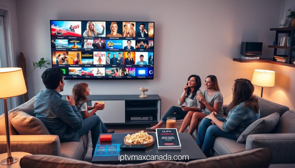 A cozy living room setting, featuring a modern flat-screen TV displaying vibrant streaming content, emphasizing diverse shows and movies available through CA IPTV. In the foreground, a family of four, dressed in modest casual clothing, enjoy popcorn and snacks while seated comfortably on a stylish sofa. In the middle, a sleek coffee table is adorned with a remote control and a user's guide for optimizing IPTV experience. The atmosphere is warm and inviting, illuminated by soft, ambient lighting from a table lamp and natural light coming through a window. In the background, a shelf displays technology gadgets and decorative items, creating a homely feel. Incorporate “iptvmaxcanada.com” subtly in the decor, enhancing a sense of modern streaming lifestyle without text overlays or distractions. A cozy living room setting, featuring a modern flat-screen TV displaying vibrant streaming content, emphasizing diverse shows and movies available through CA IPTV. In the foreground, a family of four, dressed in modest casual clothing, enjoy popcorn and snacks while seated comfortably on a stylish sofa. In the middle, a sleek coffee table is adorned with a remote control and a user's guide for optimizing IPTV experience. The atmosphere is warm and inviting, illuminated by soft, ambient lighting from a table lamp and natural light coming through a window. In the background, a shelf displays technology gadgets and decorative items, creating a homely feel. Incorporate “iptvmaxcanada.com” subtly in the decor, enhancing a sense of modern streaming lifestyle without text overlays or distractions.