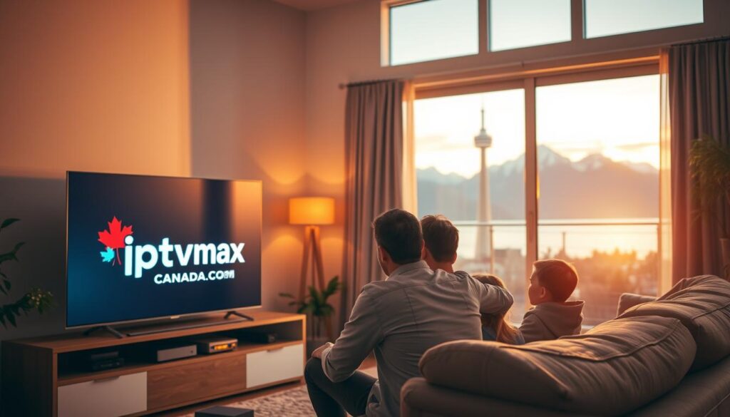A cozy living room setting reflecting the ideal Canadian home, with a comfortable sofa, a sleek television displaying the logo of "iptvmaxcanada.com" prominently. In the foreground, a warm, inviting light bathes the room, showcasing a family gathered together, dressed in smart casual attire, casually enjoying their favorite shows. The middle ground features a modern entertainment unit with IPTV streaming devices and streaming icons subtly depicted alongside popular Canadian landmarks like the CN Tower and Banff National Park visible through a window, signifying trust and reliability. The background captures a serene evening vibe with soft, ambient lighting, creating a sense of warmth and comfort. The overall atmosphere conveys trust, quality, and a sense of community, emphasizing the reliability of CA IPTV for streaming in Canada. A cozy living room setting reflecting the ideal Canadian home, with a comfortable sofa, a sleek television displaying the logo of "iptvmaxcanada.com" prominently. In the foreground, a warm, inviting light bathes the room, showcasing a family gathered together, dressed in smart casual attire, casually enjoying their favorite shows. The middle ground features a modern entertainment unit with IPTV streaming devices and streaming icons subtly depicted alongside popular Canadian landmarks like the CN Tower and Banff National Park visible through a window, signifying trust and reliability. The background captures a serene evening vibe with soft, ambient lighting, creating a sense of warmth and comfort. The overall atmosphere conveys trust, quality, and a sense of community, emphasizing the reliability of CA IPTV for streaming in Canada.