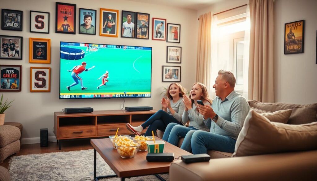 A cozy living room setting showcasing a joyful Canadian family of four (two parents and two children, dressed in casual comfortable clothing) enjoying IPTV entertainment together on a large flat-screen TV. The parents are sitting on a stylish modern couch, smiling and cheering while watching a sports game, with popcorn and refreshments on the coffee table. In the background, a colorful wall displays framed sports memorabilia, hinting at a passion for various sports. Soft natural lighting enters through a window, casting a warm and inviting glow, creating a relaxed atmosphere. A few streaming devices are subtly placed around, emphasizing the IPTV technology. The image should represent the brand "iptvmaxcanada.com" with a sense of community and family enjoyment, capturing the essence of IPTV benefits for families and sports fans. A cozy living room setting showcasing a joyful Canadian family of four (two parents and two children, dressed in casual comfortable clothing) enjoying IPTV entertainment together on a large flat-screen TV. The parents are sitting on a stylish modern couch, smiling and cheering while watching a sports game, with popcorn and refreshments on the coffee table. In the background, a colorful wall displays framed sports memorabilia, hinting at a passion for various sports. Soft natural lighting enters through a window, casting a warm and inviting glow, creating a relaxed atmosphere. A few streaming devices are subtly placed around, emphasizing the IPTV technology. The image should represent the brand "iptvmaxcanada.com" with a sense of community and family enjoyment, capturing the essence of IPTV benefits for families and sports fans.
