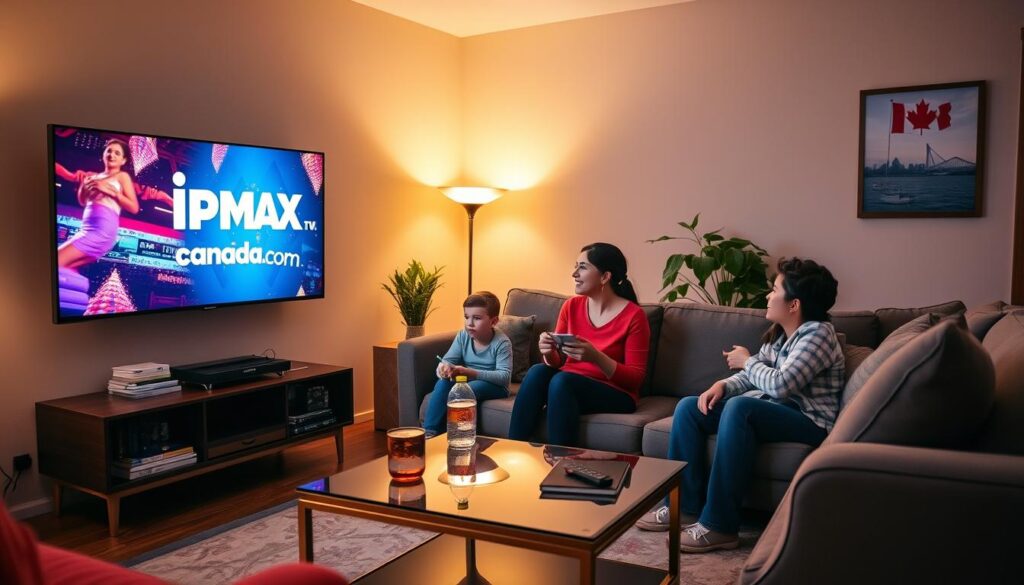 A cozy living room setting, showcasing a modern television displaying vibrant IPTV content on the screen, visibly highlighting "iptvmaxcanada.com". In the foreground, a diverse family of four interacts happily, seated comfortably on a stylish couch, all wearing casual yet neat clothing. The mother offers snacks while the children, a boy and a girl, are captivated by the show. In the middle ground, an elegant coffee table is adorned with drinks and a remote control. The background features warm ambient lighting from a floor lamp, creating a relaxed atmosphere. The room is tastefully decorated with Canadian-themed art and greenery, reflecting a sense of home. Capture the image from a slightly angled perspective to give depth and warmth, emphasizing a joyful family experience with the best IPTV service in Canada.