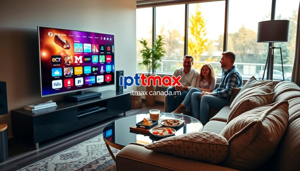 A cozy living room setting showcasing the ultimate IPTV streaming experience in Canada. In the foreground, a stylish, modern TV with a vibrant screen displaying colorful channels, surrounded by a sleek entertainment system. A comfortable couch adorned with plush throw pillows invites relaxation, featuring a friendly family enjoying their favorite shows together, dressed in comfortable, casual clothing. The middle scene includes an elegant coffee table with snacks and drinks, emphasizing the casual viewing atmosphere. In the background, large windows let in warm, natural light, creating a welcoming ambiance. Meanwhile, the brand logo “iptvmaxcanada.com” subtly appears on the TV screen. The overall mood is cheerful and inviting, reflecting a shared family experience while exploring diverse IPTV channel options in Canada. A cozy living room setting showcasing the ultimate IPTV streaming experience in Canada. In the foreground, a stylish, modern TV with a vibrant screen displaying colorful channels, surrounded by a sleek entertainment system. A comfortable couch adorned with plush throw pillows invites relaxation, featuring a friendly family enjoying their favorite shows together, dressed in comfortable, casual clothing. The middle scene includes an elegant coffee table with snacks and drinks, emphasizing the casual viewing atmosphere. In the background, large windows let in warm, natural light, creating a welcoming ambiance. Meanwhile, the brand logo “iptvmaxcanada.com” subtly appears on the TV screen. The overall mood is cheerful and inviting, reflecting a shared family experience while exploring diverse IPTV channel options in Canada.