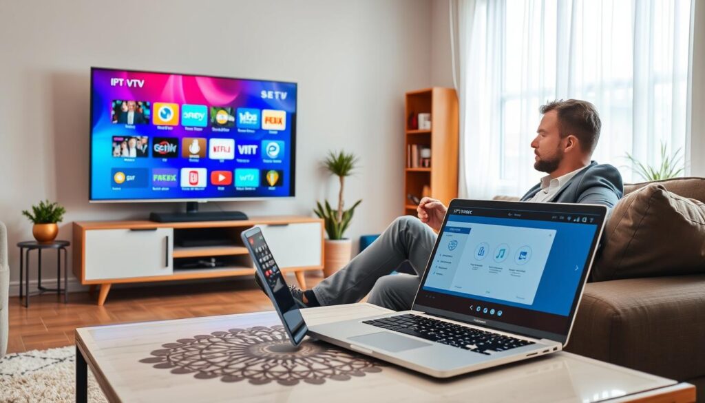 A cozy living room setting, with a modern smart TV displaying vibrant streaming icons of various channels, symbolizing an IPTV service. In the foreground, a professional-looking individual, dressed in casual business attire, is comfortably seated on a stylish sofa, holding a remote control and looking relaxed while enjoying content. The middle of the scene captures a decorative coffee table with a laptop open, showcasing a VPN software interface, emphasizing the importance of privacy. In the background, soft natural light streams in through a window, illuminating the space with a warm and inviting glow. Subtle details like plants and a bookshelf enhance the homey atmosphere. Include the brand name "iptvmaxcanada.com" tastefully integrated into an element of the scene, like on the laptop screen.