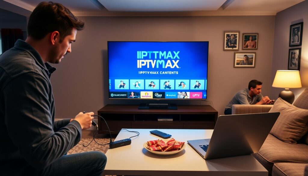 A cozy living room setup featuring a modern TV displaying the IPTV MAX Canada logo, representing IPTV Toronto. In the foreground, a person in casual, modest clothing is connecting a streaming device to the TV with cables, looking focused and engaged. The middle ground showcases a sleek coffee table with a remote control, snacks, and a laptop open, displaying IPTV setup instructions. The background has soft, ambient lighting with family photos on the walls and a comfortable sofa, creating a warm, inviting atmosphere. The scene is well-lit from a warm ceiling light, accentuating the interaction with technology in a relaxed home setting. A cozy living room setup featuring a modern TV displaying the IPTV MAX Canada logo, representing IPTV Toronto. In the foreground, a person in casual, modest clothing is connecting a streaming device to the TV with cables, looking focused and engaged. The middle ground showcases a sleek coffee table with a remote control, snacks, and a laptop open, displaying IPTV setup instructions. The background has soft, ambient lighting with family photos on the walls and a comfortable sofa, creating a warm, inviting atmosphere. The scene is well-lit from a warm ceiling light, accentuating the interaction with technology in a relaxed home setting.