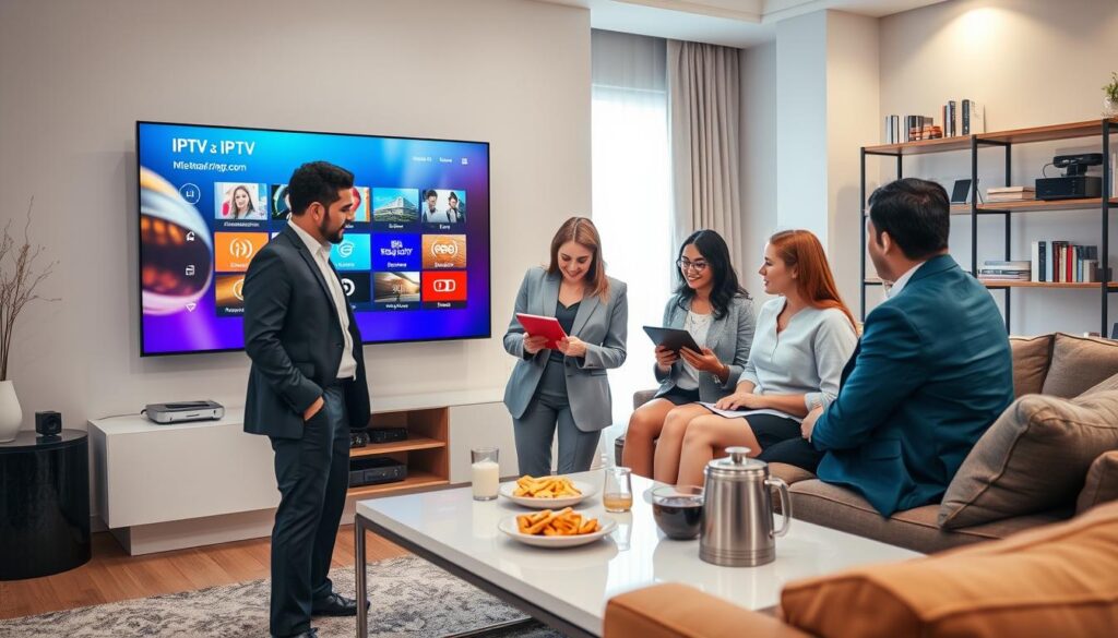 A cozy living room setup featuring a sleek, modern television displaying a vibrant interface for IPTV services. In the foreground, a diverse group of three people, two adults and a teenager, are engaged in a discussion while browsing the IPTV options on a tablet. They are dressed in professional business attire, exuding a sense of excitement and curiosity. The middle ground includes a stylish coffee table with snacks and drinks, reflecting a casual yet professional environment. The background shows a well-lit space with elegant decor and a wall-mounted shelf filled with books and tech gadgets, creating a warm and inviting atmosphere. Soft, natural lighting filters in through a window, enhancing the inviting feel of the room. Include subtle branding elements representing "iptvmaxcanada.com" in the design, without overpowering the scene. A cozy living room setup featuring a sleek, modern television displaying a vibrant interface for IPTV services. In the foreground, a diverse group of three people, two adults and a teenager, are engaged in a discussion while browsing the IPTV options on a tablet. They are dressed in professional business attire, exuding a sense of excitement and curiosity. The middle ground includes a stylish coffee table with snacks and drinks, reflecting a casual yet professional environment. The background shows a well-lit space with elegant decor and a wall-mounted shelf filled with books and tech gadgets, creating a warm and inviting atmosphere. Soft, natural lighting filters in through a window, enhancing the inviting feel of the room. Include subtle branding elements representing "iptvmaxcanada.com" in the design, without overpowering the scene.