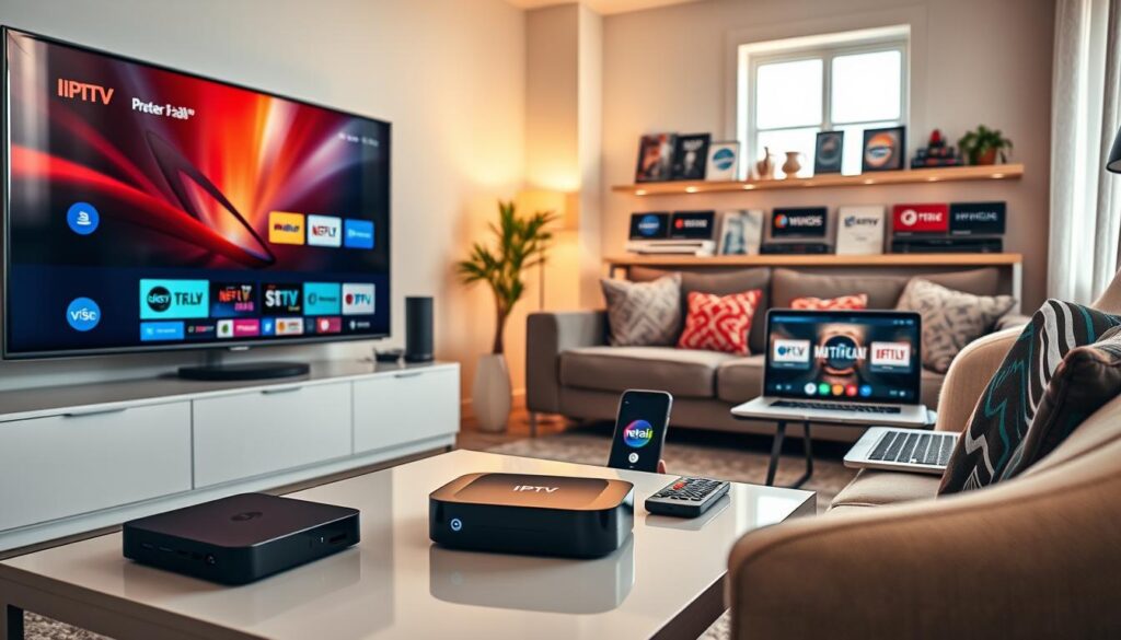 A cozy living room setup showcasing device compatibility for IPTV services. In the foreground, a stylish flat-screen TV displays a vibrant IPTV interface. On a modern coffee table, an IPTV set-top box is surrounded by various streaming devices like a tablet, smartphone, and laptop, all showing a seamless IPTV experience. The middle ground features a comfortable couch with neatly arranged throw pillows, and a shelf lined with popular streaming service logos. The background captures a softly lit room with warm ambient lighting, accentuated by a large window allowing natural light to stream in, creating a relaxed atmosphere. The mood conveys the ease of accessing IPTV services across multiple devices, emphasizing convenience. Include the brand name "iptvmaxcanada.com" subtly within the scene.