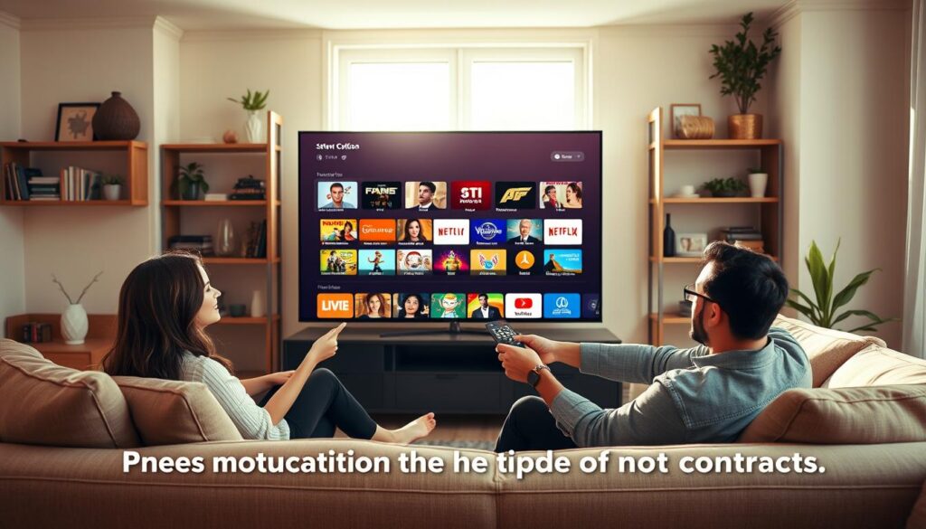 A cozy, modern living room scene depicting a family gathered around a large flat-screen TV, showcasing a diverse array of IPTV content options. In the foreground, a cheerful couple in professional attire sits on a stylish sofa, holding a remote control with excitement. In the middle ground, the TV displays vibrant streaming options, symbolizing variety and accessibility. The background features shelves with books and decorative plants, creating a welcoming atmosphere. The lighting is warm and inviting, with soft sunlight streaming through a window, casting gentle shadows. Capture the essence of instant activation and the freedom of no contracts, highlighting the convenience of IPTV services from iptvmaxcanada.com without any text or overlays.