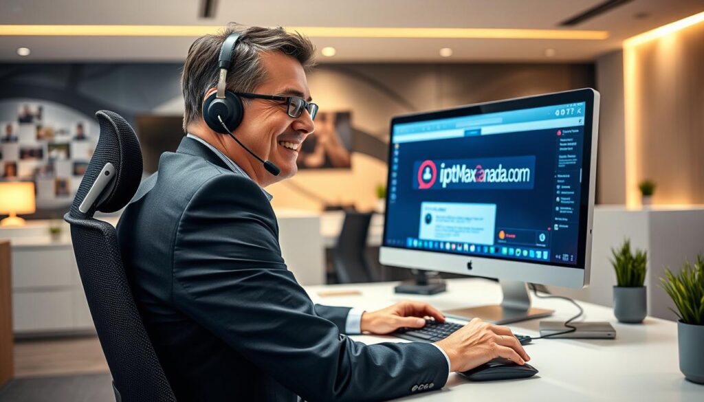 A customer support representative seated at a modern desk, engaging with a satisfied customer via a computer, showcasing a live chat interaction. The foreground features the representative, a middle-aged individual wearing professional business attire, smiling and looking attentive, with a headset on. The middle ground includes a computer screen displaying the logo "iptvmaxcanada.com" and opened customer support software, with a clear focus on helpful resources. The background reveals a sleek, well-lit office space with subtle technology-themed decor, creating a professional ambiance. The scene is illuminated with soft, warm lighting, capturing a reassuring and reliable atmosphere. The overall mood conveys trust and efficiency, emphasizing the importance of customer support in the IPTV experience. A customer support representative seated at a modern desk, engaging with a satisfied customer via a computer, showcasing a live chat interaction. The foreground features the representative, a middle-aged individual wearing professional business attire, smiling and looking attentive, with a headset on. The middle ground includes a computer screen displaying the logo "iptvmaxcanada.com" and opened customer support software, with a clear focus on helpful resources. The background reveals a sleek, well-lit office space with subtle technology-themed decor, creating a professional ambiance. The scene is illuminated with soft, warm lighting, capturing a reassuring and reliable atmosphere. The overall mood conveys trust and efficiency, emphasizing the importance of customer support in the IPTV experience.