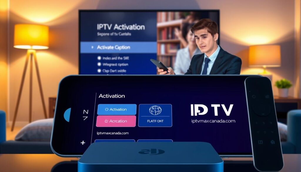 A detailed and informative illustration of the IPTV activation process overview, designed to visually guide users through the steps. In the foreground, a sleek digital device, like a smart TV or streaming box, displays an interactive interface showcasing various activation options. In the middle ground, a confident individual in professional attire, perhaps a young adult, is using a remote control, focused and engaged with the screen. In the background, a cozy living room setting with modern decor, warm lighting emanating from stylish lamps, enhances the inviting atmosphere. A subtle representation of the website "iptvmaxcanada.com" can be incorporated into the device's screen, emphasizing user-friendliness. The overall mood should be helpful and informative, with vibrant colors to draw attention and keep the viewer engaged. A detailed and informative illustration of the IPTV activation process overview, designed to visually guide users through the steps. In the foreground, a sleek digital device, like a smart TV or streaming box, displays an interactive interface showcasing various activation options. In the middle ground, a confident individual in professional attire, perhaps a young adult, is using a remote control, focused and engaged with the screen. In the background, a cozy living room setting with modern decor, warm lighting emanating from stylish lamps, enhances the inviting atmosphere. A subtle representation of the website "iptvmaxcanada.com" can be incorporated into the device's screen, emphasizing user-friendliness. The overall mood should be helpful and informative, with vibrant colors to draw attention and keep the viewer engaged.