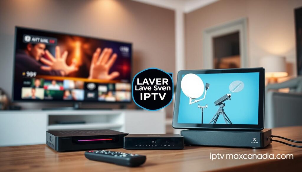 A detailed comparison of Layer Seven IPTV with traditional cable and other IPTV services. In the foreground, showcase three distinct devices: a sleek smart TV displaying vibrant streaming content, a tablet showing the Layer Seven IPTV interface, and a cable box beside a remote control. In the middle, visualize a split-screen effect, featuring the Layer Seven IPTV logo contrasted with symbols of cable television, like coaxial cables and satellite dishes. In the background, depict a modern living room setting with soft, warm lighting, emphasizing a cozy viewing atmosphere. Use a slightly blurred depth of field to focus on the comparison elements. The overall mood is informative yet inviting, reflecting the ease of use and advanced technology of Layer Seven IPTV alongside traditional options. Include the brand name "iptvmaxcanada.com" subtly integrated into the scene without any text overlays.