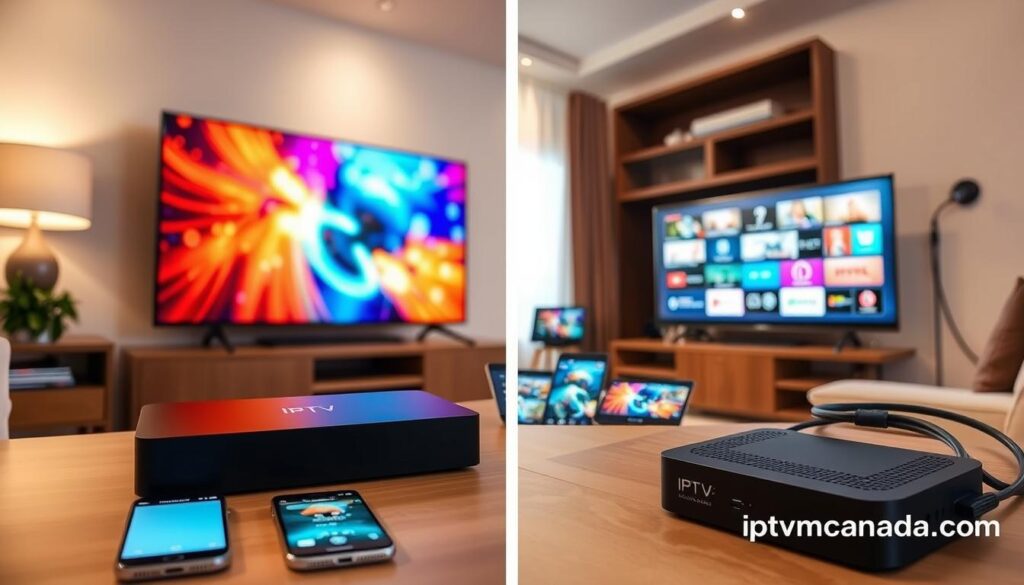 A detailed visual comparison of IPTV and traditional cable TV in Canada. In the foreground, on the left side, depict a sleek IPTV streaming box and a modern smart TV displaying vibrant content. On the right, illustrate a traditional cable box with an older TV, showing somewhat faded visuals. In the middle ground, include various devices like smartphones and tablets displaying IPTV interfaces, while a coiled cable connects the cable box to the wall. The background features a cozy living room setting with soft, warm lighting, evoking a relaxed, informative atmosphere. Use a wide-angle lens perspective to capture the comparison effectively. Highlight the logo "iptvmaxcanada.com" subtly in the corner, ensuring a professional tone throughout the image. A detailed visual comparison of IPTV and traditional cable TV in Canada. In the foreground, on the left side, depict a sleek IPTV streaming box and a modern smart TV displaying vibrant content. On the right, illustrate a traditional cable box with an older TV, showing somewhat faded visuals. In the middle ground, include various devices like smartphones and tablets displaying IPTV interfaces, while a coiled cable connects the cable box to the wall. The background features a cozy living room setting with soft, warm lighting, evoking a relaxed, informative atmosphere. Use a wide-angle lens perspective to capture the comparison effectively. Highlight the logo "iptvmaxcanada.com" subtly in the corner, ensuring a professional tone throughout the image.