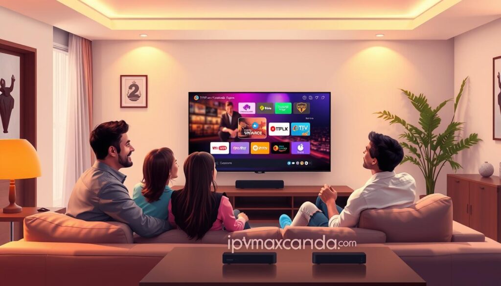 A digital illustration of a modern living room showcasing a family enjoying IPTV streaming on a large flat-screen TV, emphasizing the IPTV Brampton Ontario experience. In the foreground, a diverse family of four in professional casual attire sits together on a comfortable sofa, smiling and engaged with the television. In the middle, the TV screen displays colorful content with elements hinting at legality and trust, like subtle icons of a shield and checkmark. The background features stylish decor with soft, ambient lighting creating a cozy and inviting atmosphere, enhancing the feeling of safety and trust. The room is well-lit with natural light coming through a window, and a tabletop is adorned with the brand name "iptvmaxcanada.com" in a tasteful manner. The overall mood is warm, welcoming, and emphasizes a secure streaming environment.
