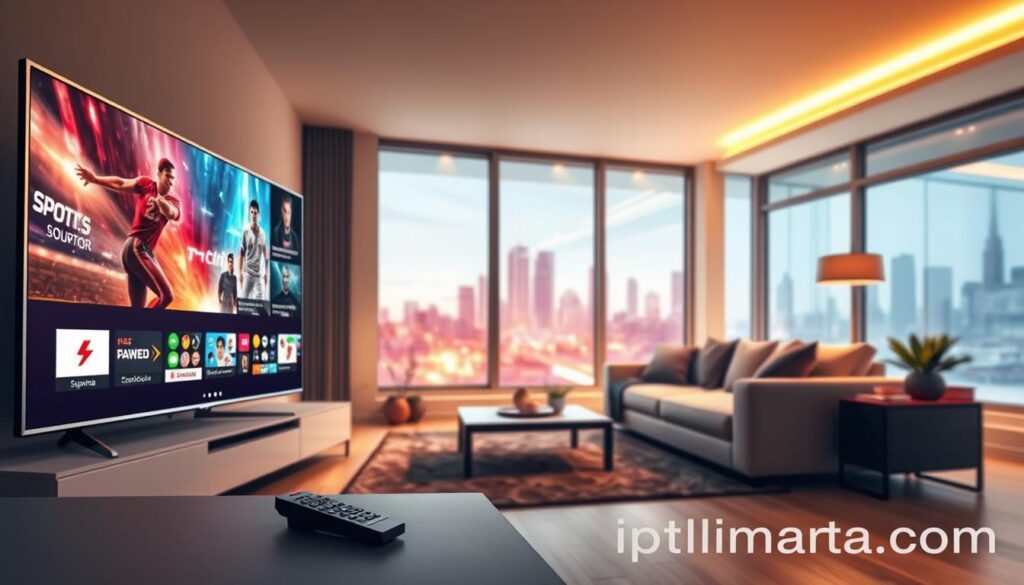 A dynamic and engaging digital landscape representing the "best IPTV service in Canada." In the foreground, showcase a sleek, modern television displaying vibrant streaming content featuring various genres like sports, movies, and documentaries. Include a remote control next to the TV for added intrigue. In the middle ground, illustrate a cozy living room setting with a stylish couch and contemporary decor, emphasizing comfort and entertainment. In the background, soft ambient lighting creates a welcoming atmosphere, with an abstract Canadian skyline visible through a large window, symbolizing the service's local presence. The overall mood should be warm and inviting, reflecting a high-tech yet homey feel. Incorporate the brand "iptvmaxcanada.com" subtly into the scene without detracting from the main visuals.